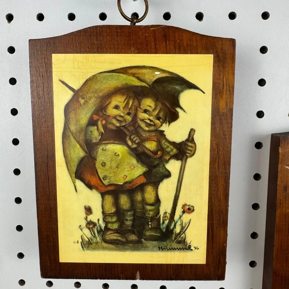 Vintage Hummel Wood Wall Plaques Pair‎ Umbrella Boy and Girl Art Prints Goebel